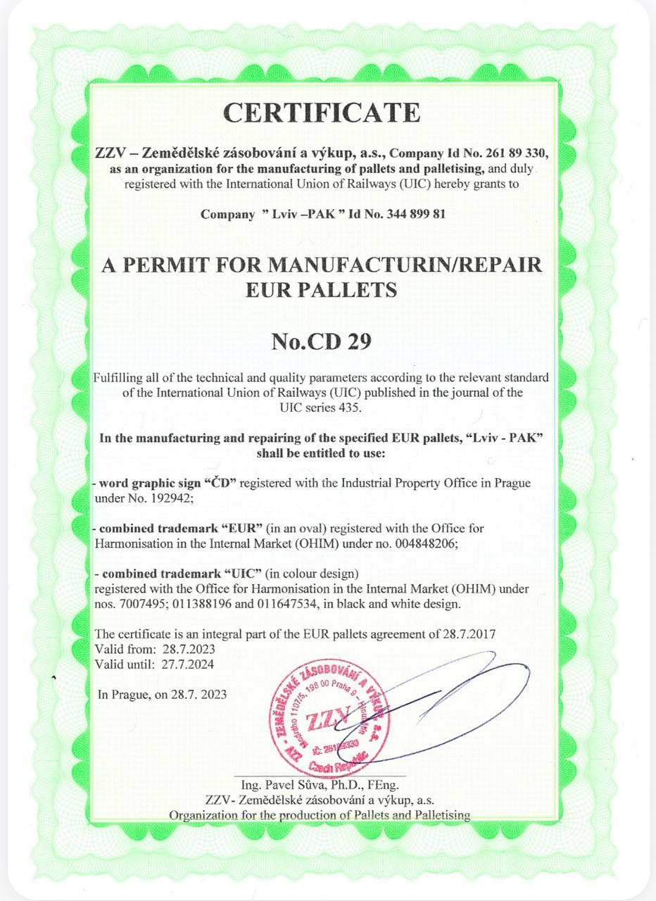 Scan of the EUR Pallet Permit issued by ZZN — Železniční zásobování