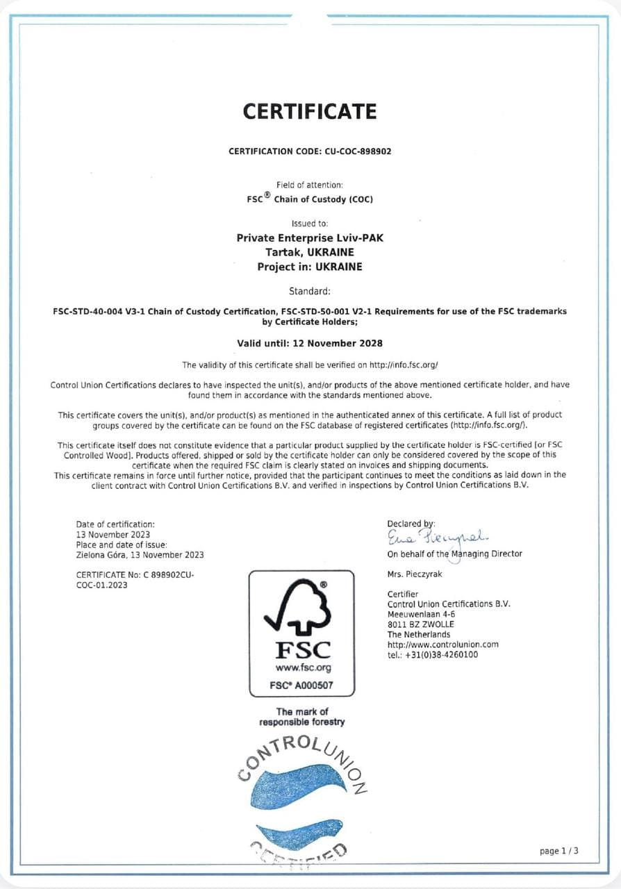 Scan of the FSC Chain of Custody issued by Control Union Certifications