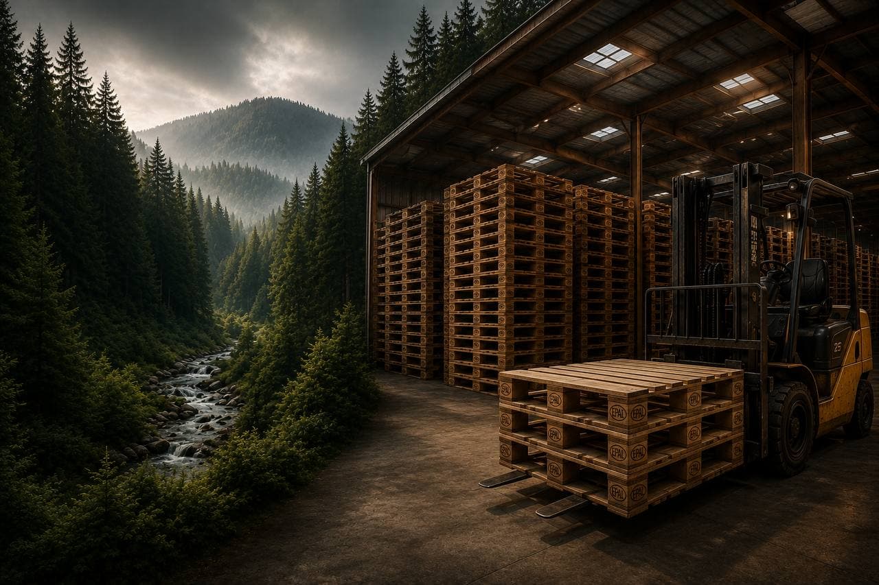 Warehouse stacked with pallets beside a forested valley