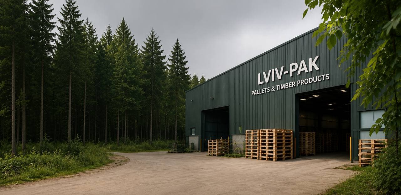 The Lviv-Pak warehouse entrance surrounded by forest