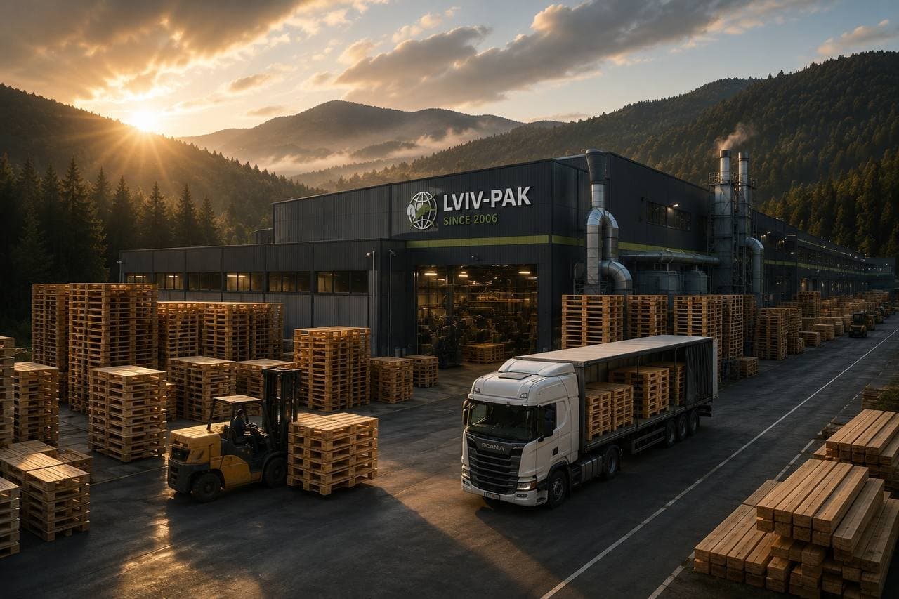 Truck loading pallets at the Lviv-Pak facility at sunrise