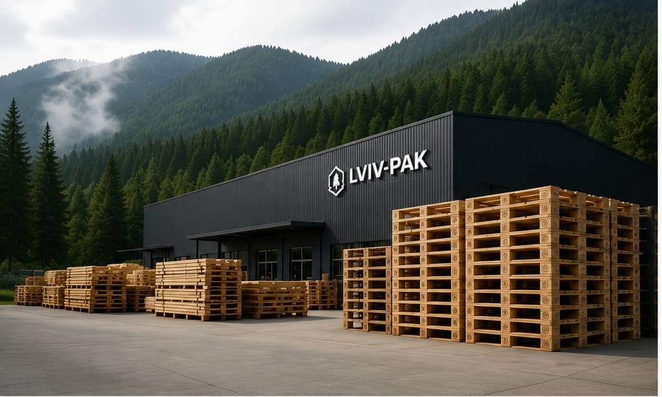 The Lviv-Pak facility with stacked pallets in front of forested hills