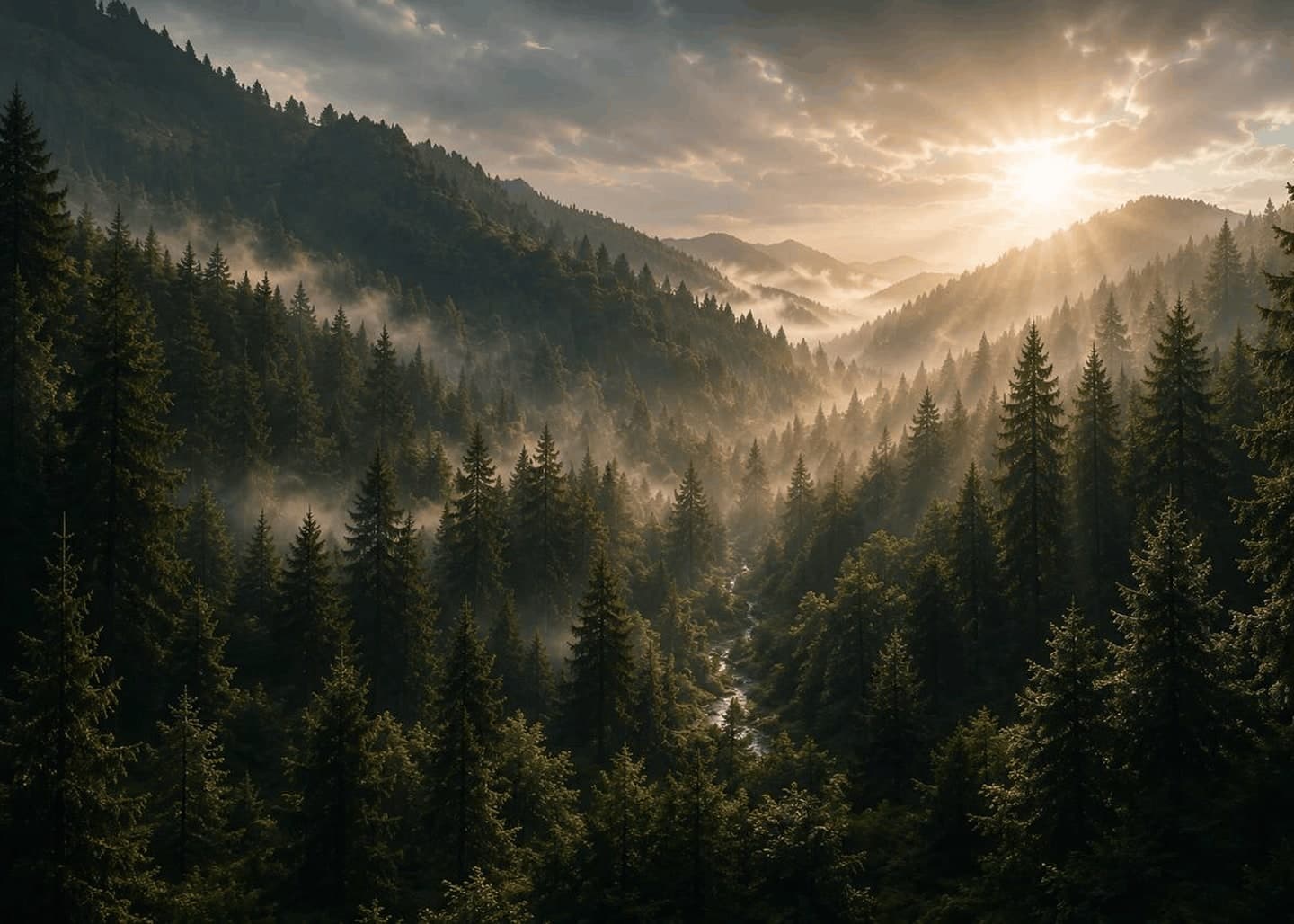 Sunrise over forested Carpathian mountains